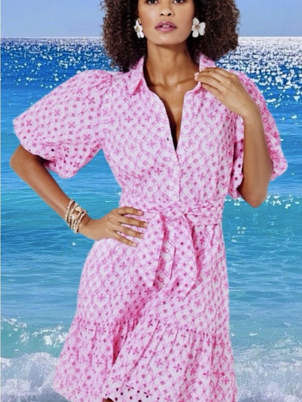 Lilly Pulitzer Cartley Pink Eyelet Shirt Dress with Tie Waist - Picture 3 of 3